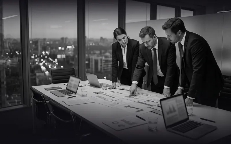 Photo en noir et blanc : dans une salle de réunion vitrée au crépuscule, trois dirigeants penchés sur une table couverte de documents financiers, l'un montre un graphique (illustration générée par IA)