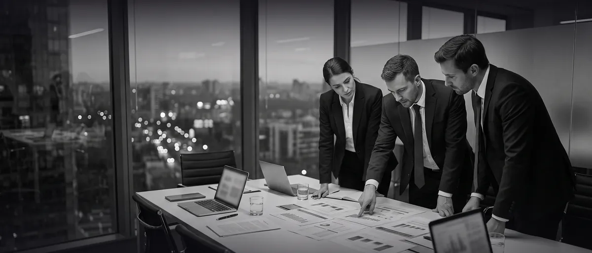 Photo en noir et blanc : dans une salle de réunion vitrée au crépuscule, trois dirigeants penchés sur une table couverte de documents financiers, l'un montre un graphique (illustration générée par IA)