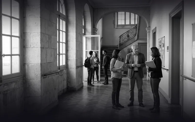 Photo en noir et blanc : dans le couloir en pierre d'une école de langues, un directeur échange avec deux professeures, des étudiants internationaux en arrière-plan.