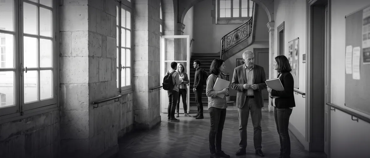 Photo en noir et blanc : dans le couloir en pierre d'une école de langues, un directeur échange avec deux professeures, des étudiants internationaux en arrière-plan.