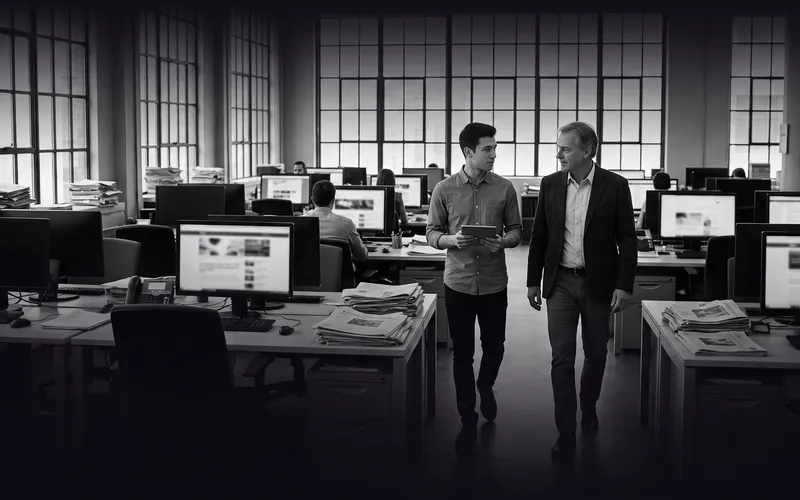 Photo en noir et blanc : dans une grande rédaction, un jeune data scientist et un rédacteur en chef marchent côte à côte entre les bureaux.