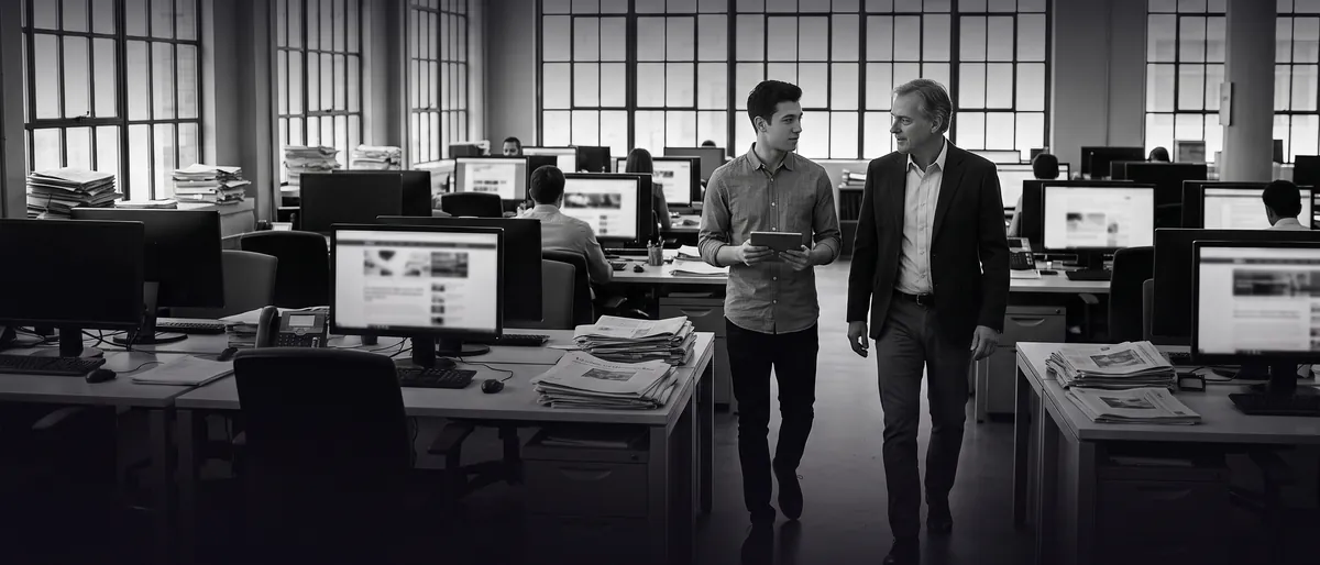 Photo en noir et blanc : dans une grande rédaction, un jeune data scientist et un rédacteur en chef marchent côte à côte entre les bureaux.