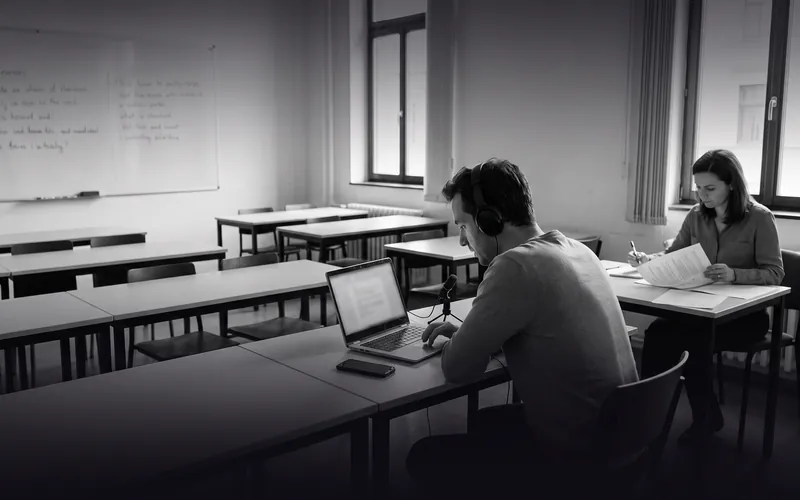 Photo en noir et blanc : dans une salle de classe, un apprenant adulte enregistre une réponse orale avec un casque pendant qu'une professeure corrige des copies au fond de la salle.