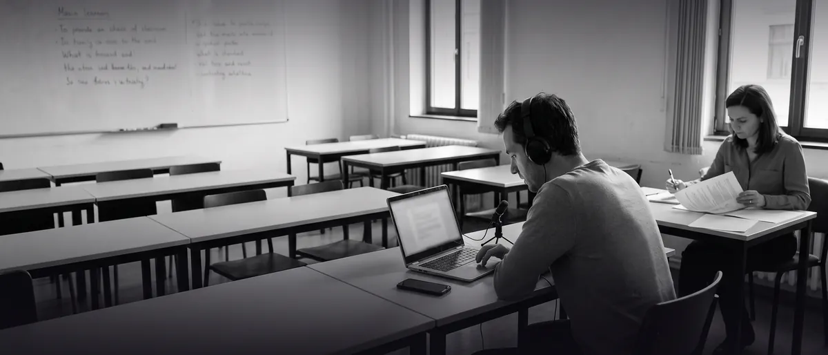 Photo en noir et blanc : dans une salle de classe, un apprenant adulte enregistre une réponse orale avec un casque pendant qu'une professeure corrige des copies au fond de la salle.
