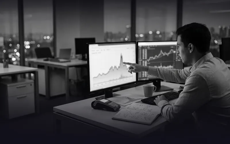 Photo en noir et blanc : au crépuscule, dans un bureau, un analyste montre un pic sur une courbe de transactions, un terminal de paiement posé sur le bureau.