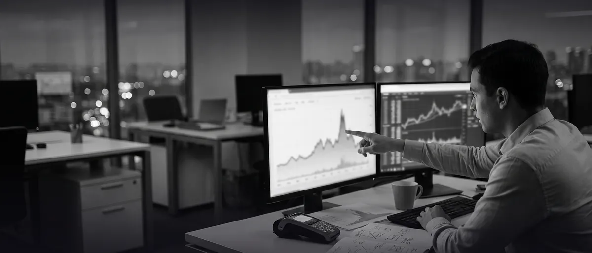 Photo en noir et blanc : au crépuscule, dans un bureau, un analyste montre un pic sur une courbe de transactions, un terminal de paiement posé sur le bureau.